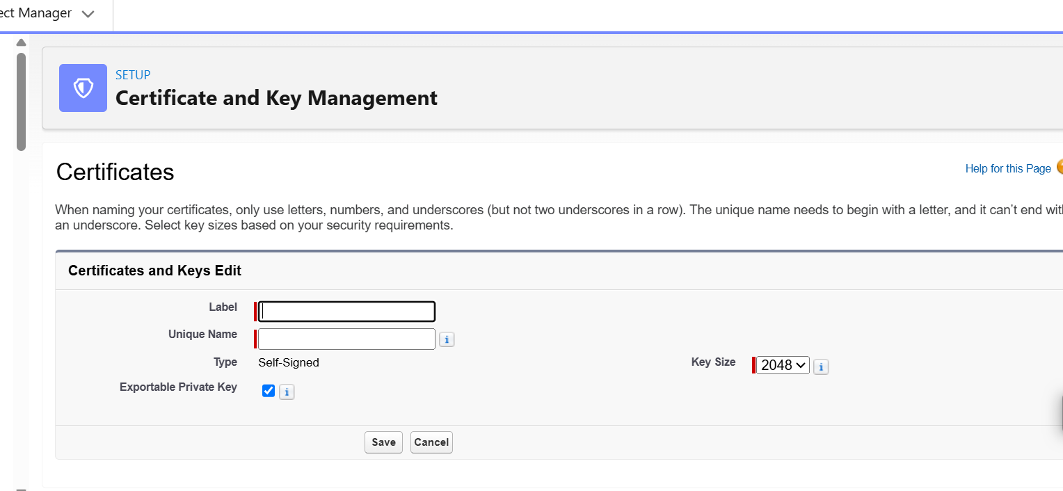 Certificates and Keys Edit form used to create a new self-signed certificate