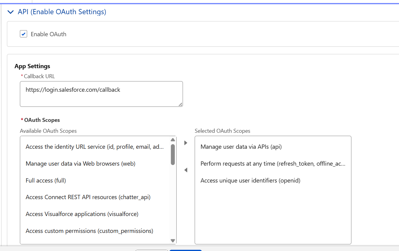App Settings — Callback URL and OAuth Scopes selection