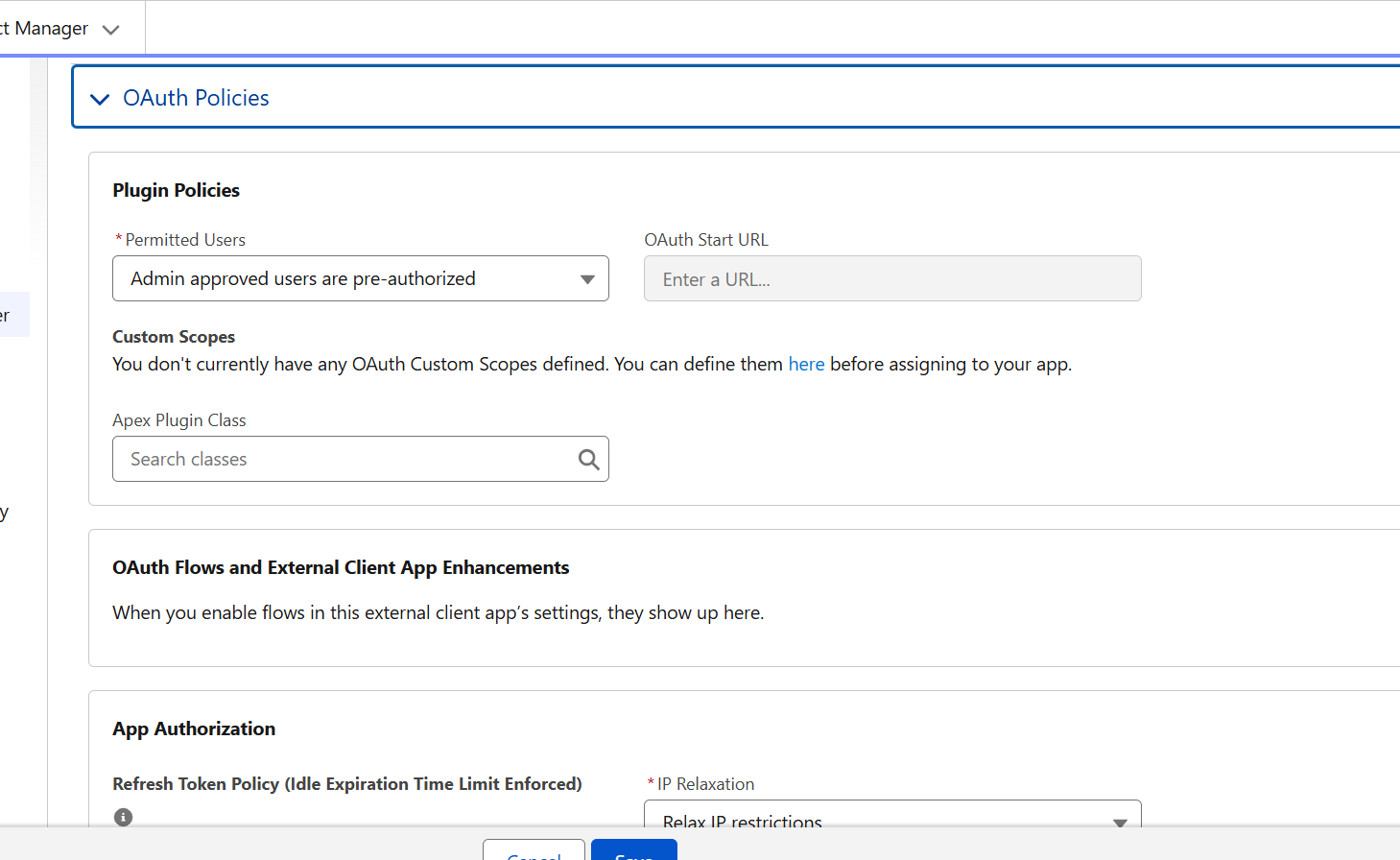 OAuth Policies — Permitted Users set to "Admin approved users are pre-authorized" and IP Relaxation set to "Relax IP restrictions"